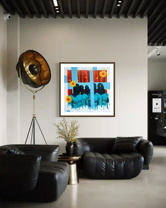 They All Died painting by Mujahid Alhadi displayed in modern industrial interior mockup with black leather furniture