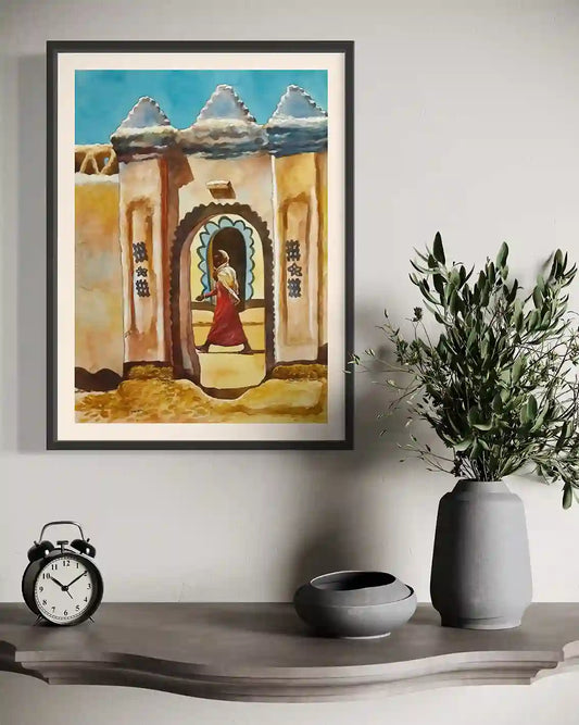 Through The Archway watercolor by Hussein Merghani framed on wall, Islamic architecture painting home decor mockup