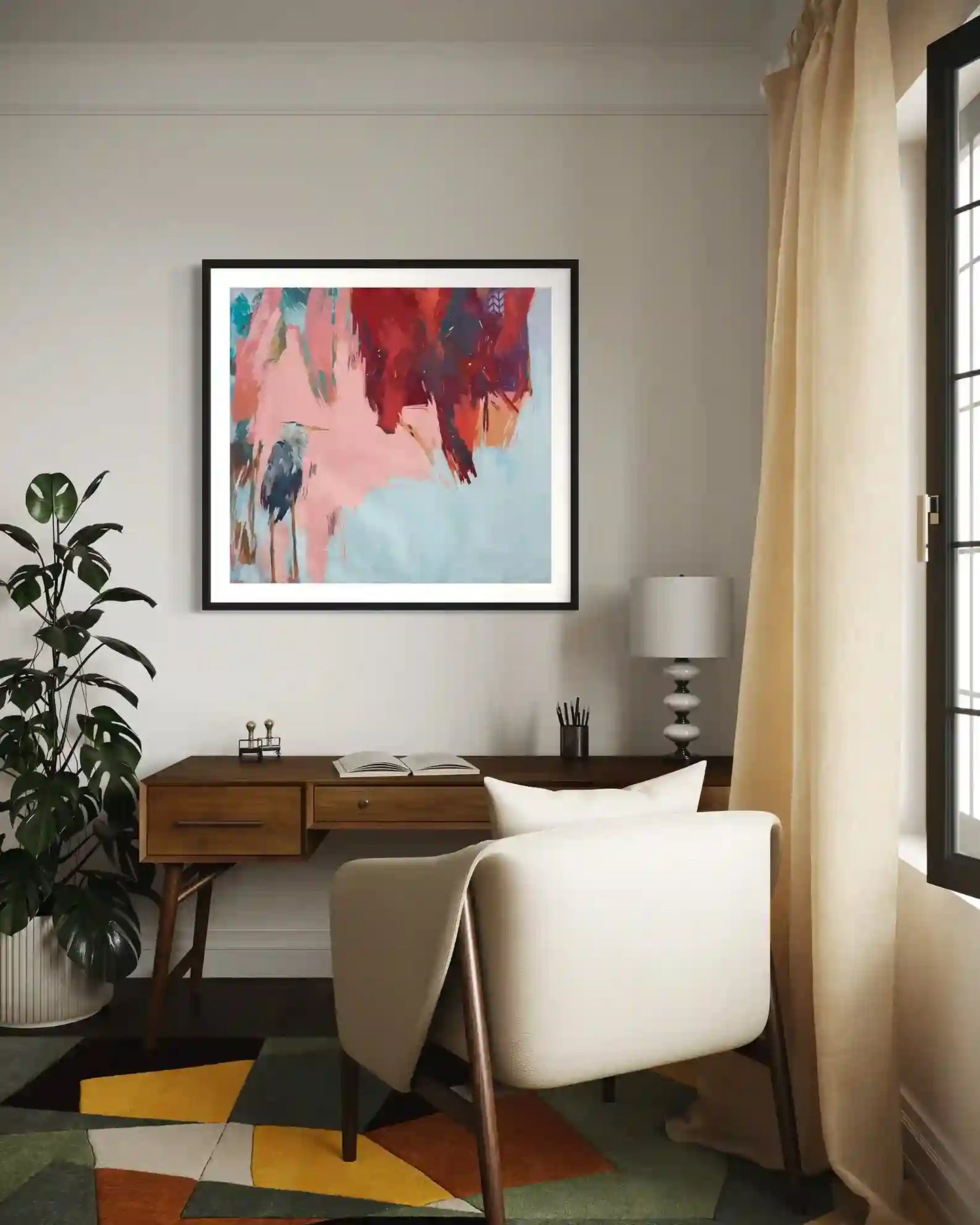 To Nowhere 1 abstract painting by Abubakar Moaz displayed in modern home office with wooden desk and cream chair mockup