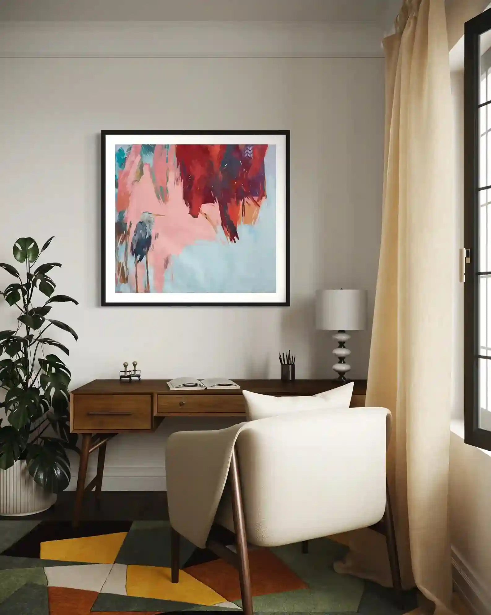 To Nowhere 1 abstract painting by Abubakar Moaz displayed in modern home office with wooden desk and cream chair mockup