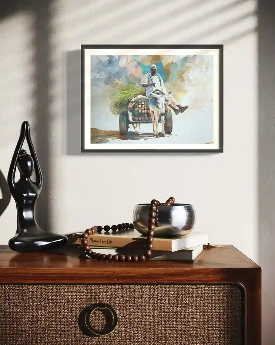 Under Open Sky watercolor by Hussein Merghani framed on wall, Sudanese donkey cart painting home decor mockup