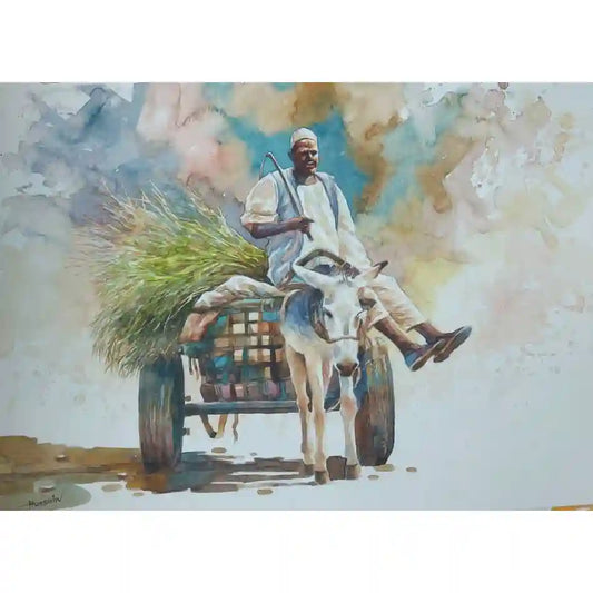 Under Open Sky watercolor by Hussein Merghani showing Sudanese man with donkey cart, original art for online store