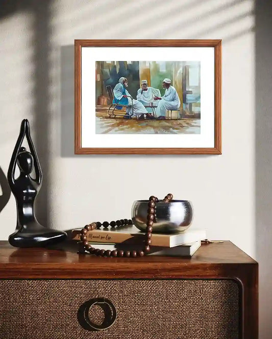 Under the Shade watercolor by Hussein Merghani framed in modern interior, three men conversation wall art mockup