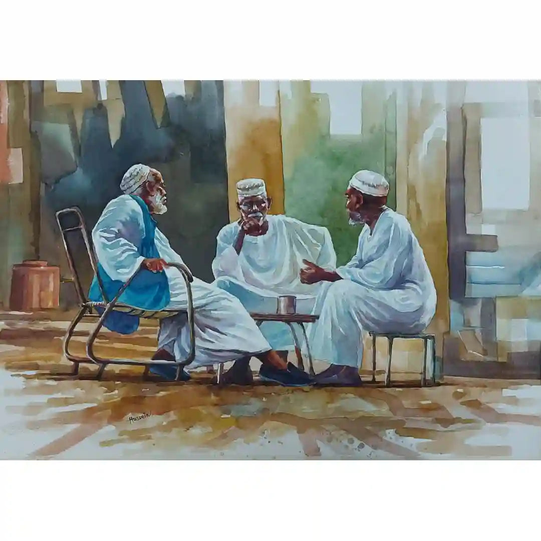 Under the Shade watercolor painting by Hussein Merghani showing three Sudanese men in conversation, original art for sale