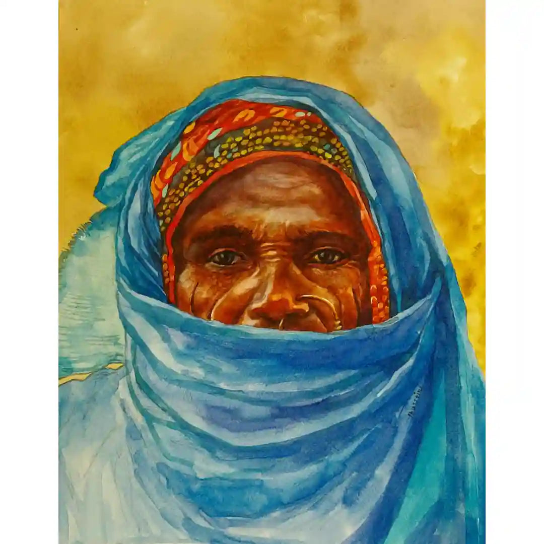 Veiled Grace watercolor painting by Hussein Merghani showing Sudanese woman in blue headscarf, original art on paper