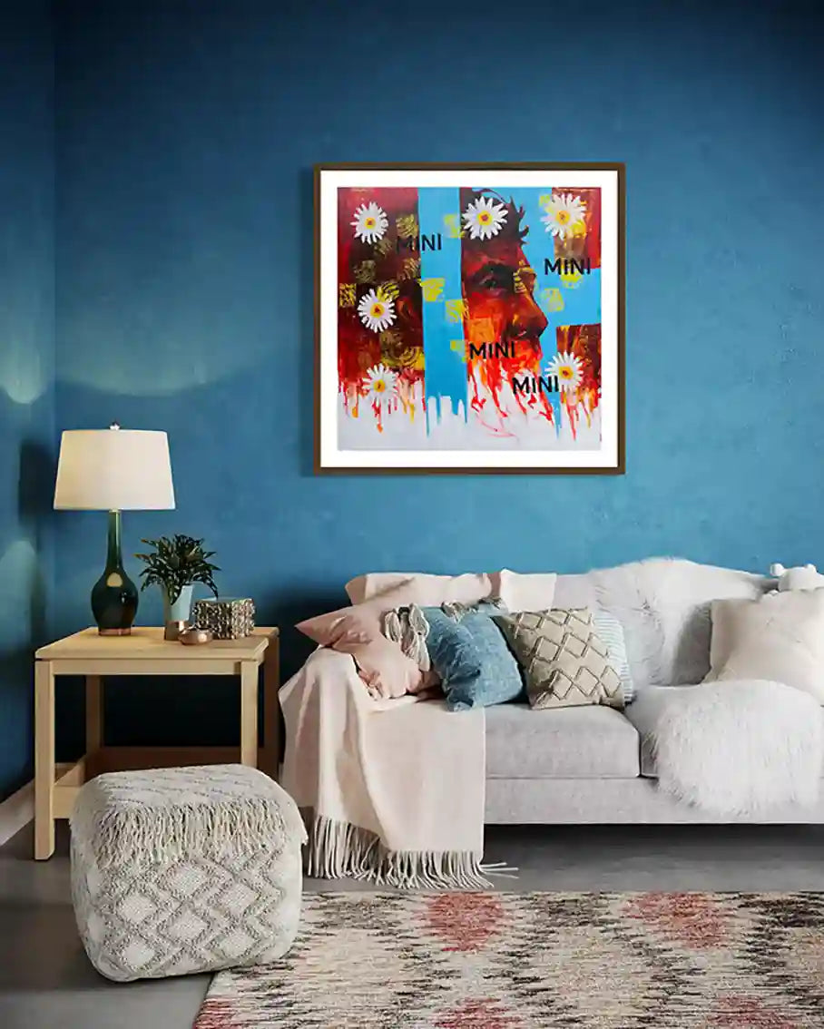 Waiting painting by Mujahid Alhadi displayed in stylish blue living room mockup with modern furniture and home decor