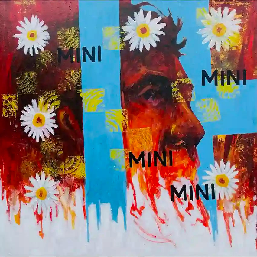 Waiting acrylic on canvas painting by Mujahid Alhadi featuring daisies, mixed media collage with vibrant colors and textures