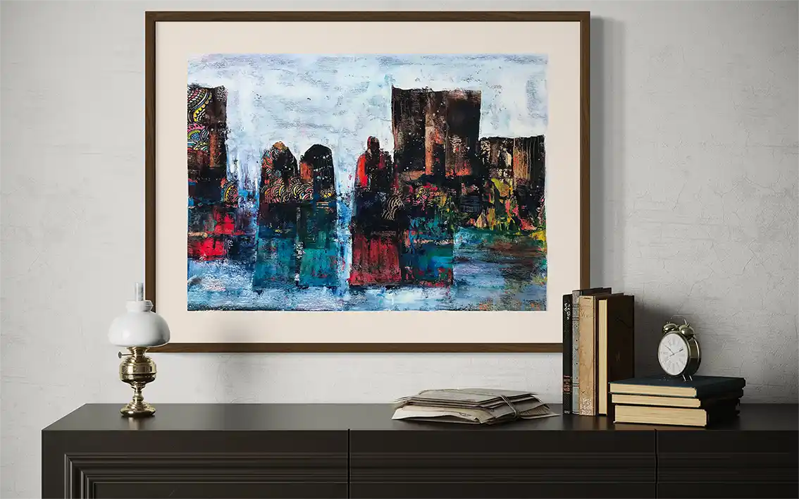 Western Gate by Samir Shareef framed abstract cityscape - acrylic on paper artwork displayed in modern interior setting