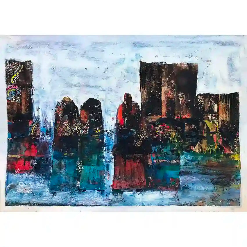 Western Gate abstract cityscape by Samir Shareef - textured acrylic on paper with vibrant blues and architectural forms
