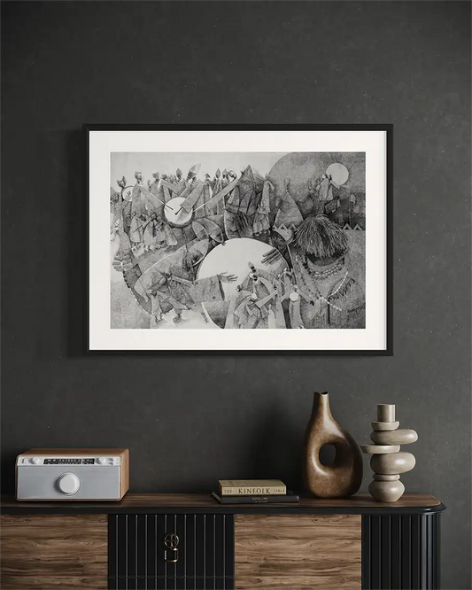 
Whirling Souls art print by Abdelrahman Buluk in black frame on dark wall above modern console table with decor 
