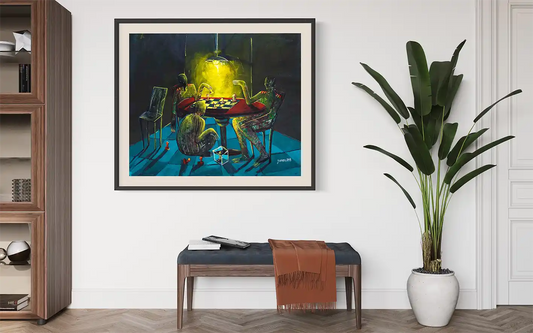 Original acrylic Who Sold The Country by Yasmeen Abdullah framed and displayed above bench with plant in modern entryway